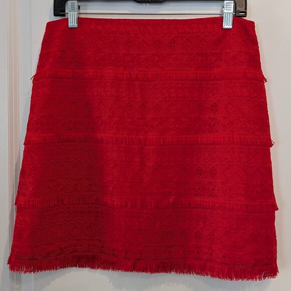 J. Crew Mini Skirt Size 6 Red Fringe Tiered Lace Exposed Zip Crochet Overlay NWT - Picture 8 of 15